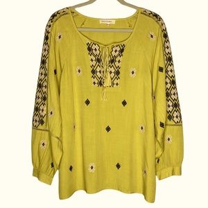 NWOT SOLITAIRE OVERSIZED MUSTARD YELLOW BLOUSE W/ EMBROIDERY & TASSLE TIE NECK